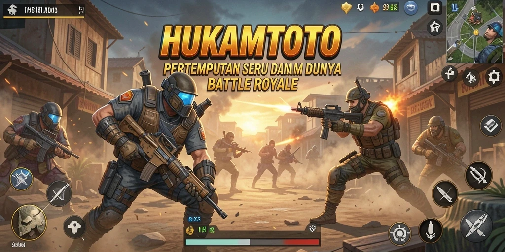Screenshot gameplay HUKUMTOTO menampilkan aksi pertempuran seru di arena Battle Royale.