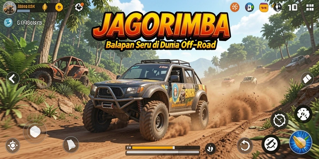 Tampilan utama gameplay JAGORIMBA menampilkan aksi balapan yang mendebarkan.